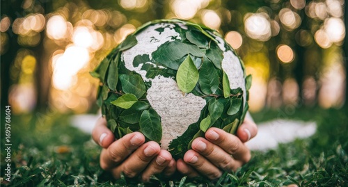 Hands holding a globe adorned with leaves, symbolizing environmental care