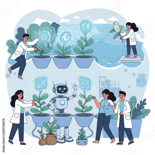 Pioneering Green Solutions: AI, Robotics, and Scientific Research for a Sustainable Future Illustration Vector