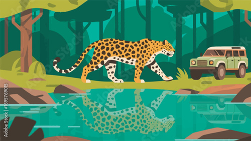 illustration of an off road car in the jungle with a jaguar vector design template
