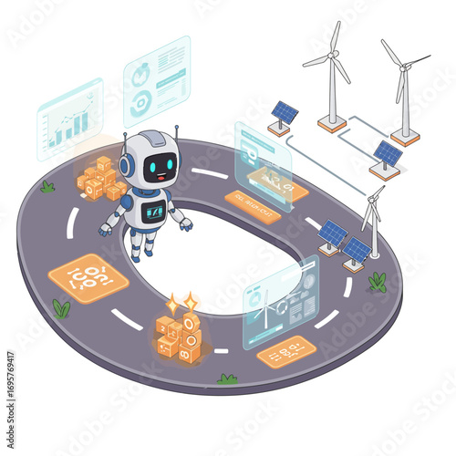 Smart AI Robot Optimizing Sustainable Energy Grids: Data Analysis & Future Tech Vector Illustration