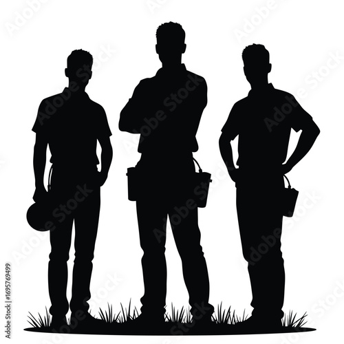 Three construction workers silhouettes with tool belts 
