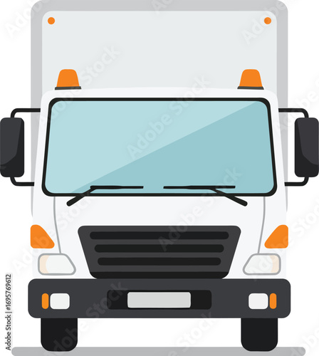 front view of a white delivery truck with orange lights