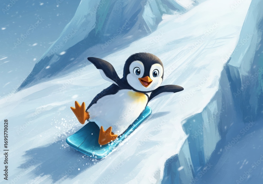 Obraz premium Cute cartoon penguin sliding down an icy slope on a sled