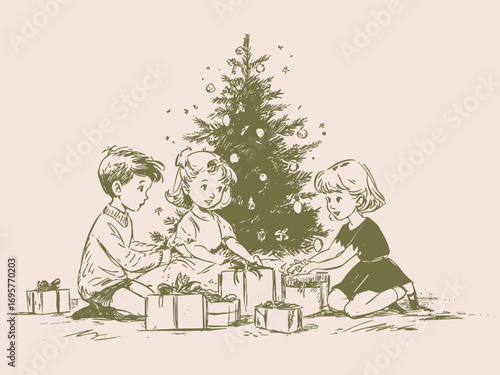 Three vintage crayon sketchy style children sitting under Christmas tree, unwrapping presents. Delicate line work and soft tones for seasonal storybooks, greeting cards.