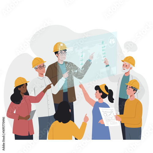 Diverse Engineering Team Collaborating on Project Blueprints with Interactive Holographic Display - Vector Illustration