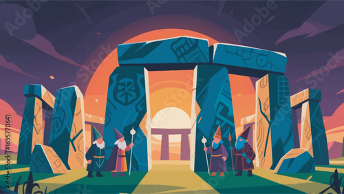 illustration of the prehistoric monument Stonehenge with dwarves vector design template