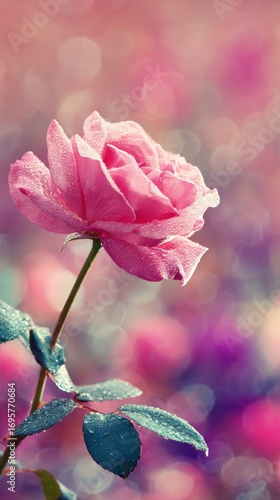 Pink Rose With Water Drops Against Soft Bokeh Background