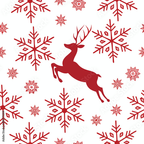 Seamless pattern shows a leaping red reindeer among various red snowflake shapes on white