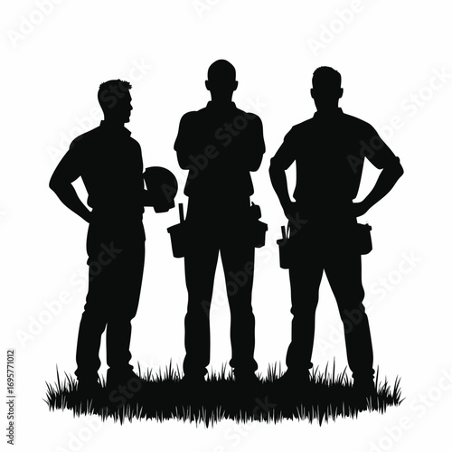 Three male construction workers silhouettes on white background