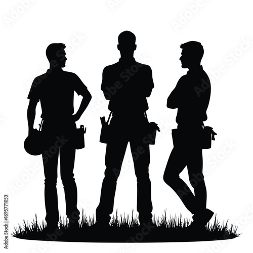 Three male construction workers silhouettes on white background