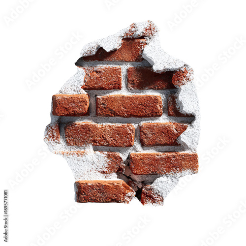 Png of a damaged red brick wall isolated on transparent background, showcasing its texture and construction, perfect for architectural or construction themes