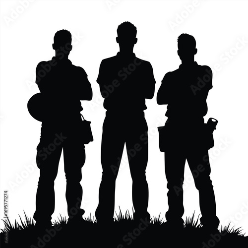 Three male construction workers in silhouette with arms crossed