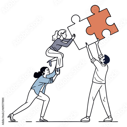 Teamwork and Collaboration Illustrated by Three Individuals Assembling an Oversized Puzzle Demonstrating Unity and Problem Solving