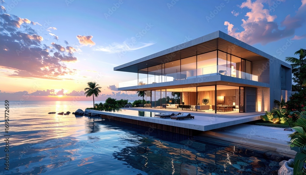 Obraz premium A stunning modern beachfront house with an infinity pool, showcased at sunset against a tranquil ocean backdrop.