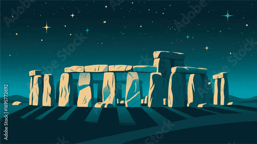Illustration of the prehistoric monument Stonehenge in a night scene vector design template