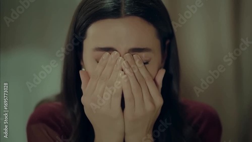 Wallpaper Mural Woman in red shirt crying, hiding face with hands, revealing intense emotional suffering and vulnerability Torontodigital.ca