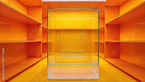 Empty glass display case in orange room