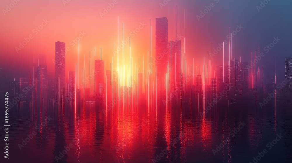 Fototapeta premium Futuristic cityscape with vibrant neon reflections and ethereal glow