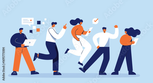 A group of five stylized people are depicted in motion, holding devices and interacting with digital elements against a light blue background.