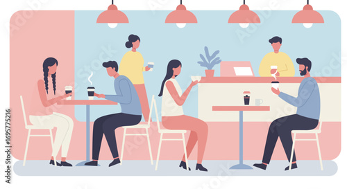 Illustration of people relaxing and drinking coffee in a modern cafe setting, featuring minimalist design and soft pastel colors.
