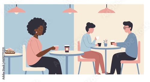 Two groups of people enjoying coffee and conversation in a cafe setting, one group of two, one of one.
