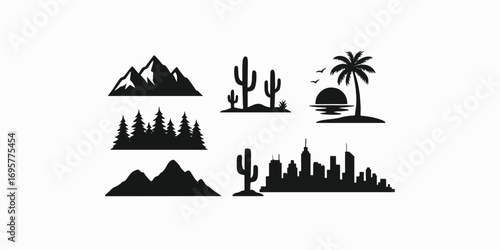 Print  Nature and landscape silhouette bundle – mountain range, pine tree forest, desert cactus, palm tree with beach, sunset with birds, skyline of modern city – vector black silhouettes