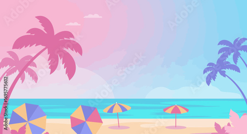 Pastel beach scene with palm trees and colorful umbrellas.