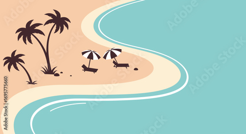 Beach scene with palm trees, umbrellas, and sun loungers.