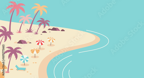 Serene tropical beach scene with palm trees, colorful umbrellas, and gentle waves.