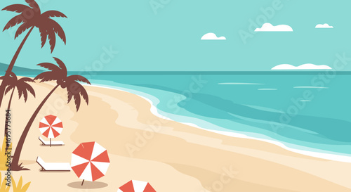 Tranquil beach scene with palm trees, lounge chairs, and umbrellas under a sunny sky.