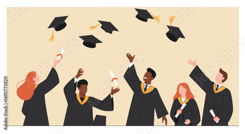 Diverse group of graduates celebrating their graduation with caps in the air.