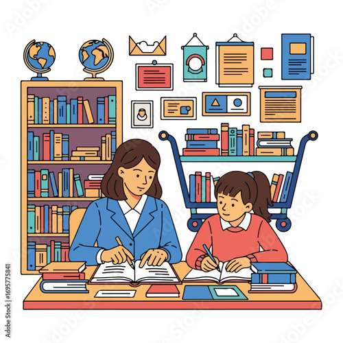 vector illustration of librarian helping the student