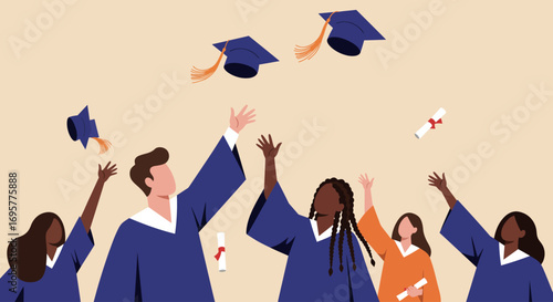 A group of diverse graduates in gowns joyfully throw their caps and diplomas in the air, celebrating their graduation.