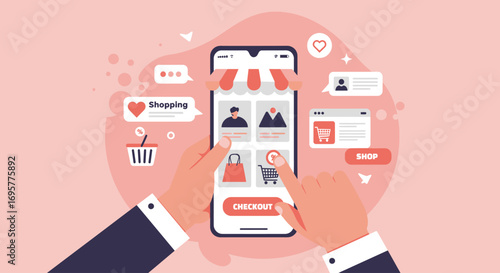 Hands interact with a smartphone displaying an online shopping interface, featuring product images, a shopping cart, and a checkout button, surrounded by digital elements.
