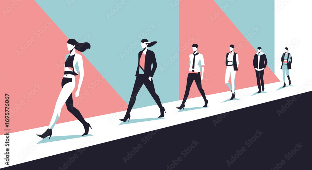 Obraz premium Stylized illustration of a fashion show featuring models walking down a runway with a geometric backdrop in pink, teal, and dark blue.