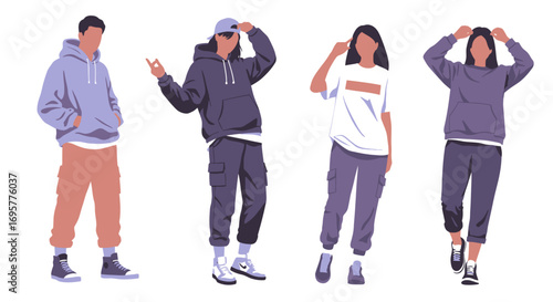 Four diverse individuals in modern streetwear poses, showcasing casual fashion and contemporary style.