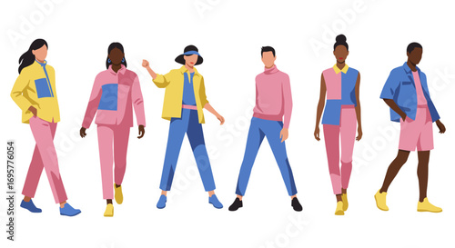 Illustration of diverse individuals in stylish, color-blocked outfits, showcasing fashion trends.