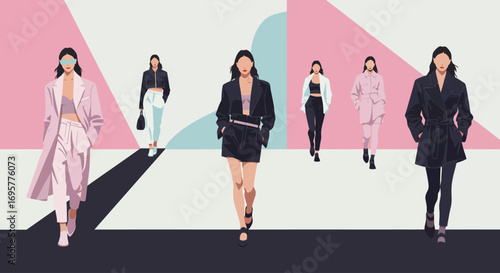 Six female models showcase different fashion styles on a geometric patterned runway with pink, white, and black colors.