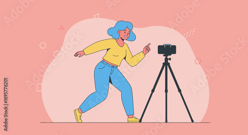 A stylized illustration of a woman taking a photo with a tripod-mounted camera.