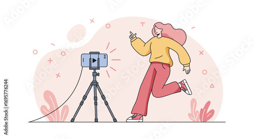 Young woman joyfully recording a video blog using a smartphone on a tripod.