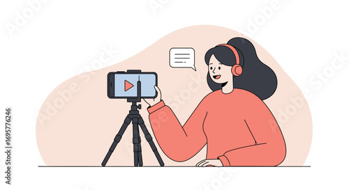 Young woman live streaming video blog using smartphone tripod.