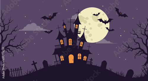 Spooky silhouette of a haunted house on a hill with bats flying under a full moon.