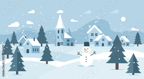 Snowy village scene with snowman, church, and houses under a light snowfall.