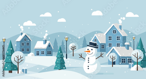 Charming winter village scene with a cheerful snowman, snow-covered houses, and twinkling streetlights.