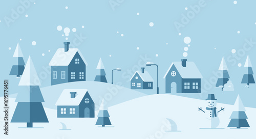 A serene winter landscape featuring snow-covered houses, trees, and a snowman under falling snowflakes.