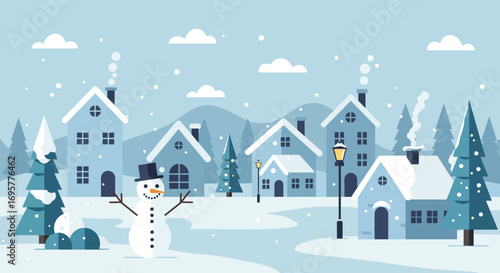 A whimsical illustration of a snowy village scene featuring a cheerful snowman and houses.