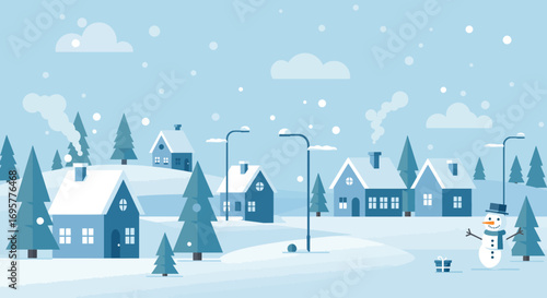 A serene winter village scene with snow falling, featuring houses and a snowman.