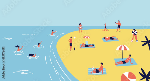 Illustration of people enjoying a sunny day at the beach, some swimming in the ocean, others sunbathing under umbrellas on the sand.