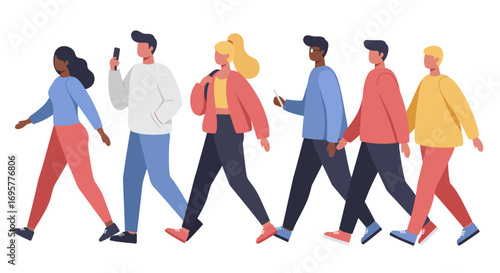 A group of diverse, stylized people are walking, some looking at their phones, against a white background.