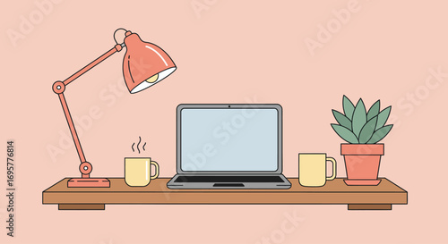 Illustration of a workspace featuring a laptop, lamp, two mugs, and a potted succulent on a wooden shelf against a peach background.